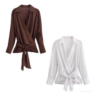 Women's Striped Surplice Long Sleeve Shirt Polyester Wrap V-Neck Tie Waist Blouse Streetwear Casual Office Top Spring Autumn Fashion For Ladies