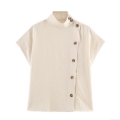 Women's Blouse Shirt Minimalist Stand Collar Short Sleeve Contrast Buttons Side Single Breasted Solid Color Casual Daily Work Office Street Western Style Top