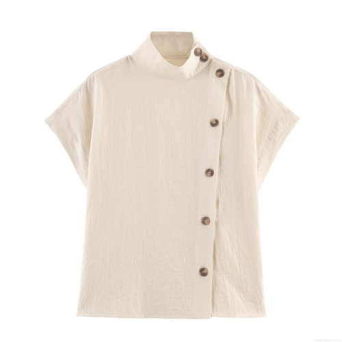Women's Blouse Shirt Minimalist Stand Collar Short Sleeve Contrast Buttons Side Single Breasted Solid Color Casual Daily Work Office Street Western Style Top