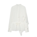 Women's Elegant Asymmetric White Blouse Long Sleeve Round Neck Silky Polyester Shirt With Back Tie Bow Irregular Design Casual Streetwear Top