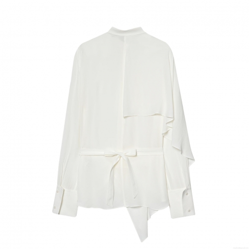 Women's Elegant Asymmetric White Blouse Long Sleeve Round Neck Silky Polyester Shirt With Back Tie Bow Irregular Design Casual Streetwear Top