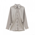 Women's Long Sleeve Button Up Shirt Solid Color Turn Down Collar Poplin Blouse Casual Office Commute Street Style Loose Fit Waist Design Grey Top