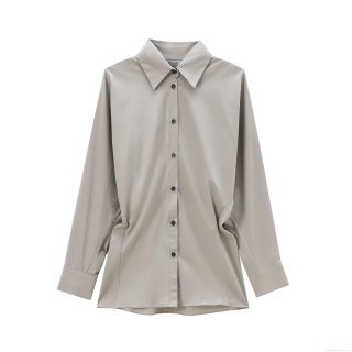 Women's Long Sleeve Button Up Shirt Solid Color Turn Down Collar Poplin Blouse Casual Office Commute Street Style Loose Fit Waist Design Grey Top