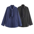 Women's Scarf Tie Neck Plaid Striped Shirt Long Sleeve Loose Poplin Blouse Casual Streetwear Office Top
