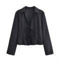 Women's Long Sleeve Shirt Polyester Suede Lace-up Lapel Collar Top Solid Color Street Style Casual Blouse For Daily Wear Autumn Spring