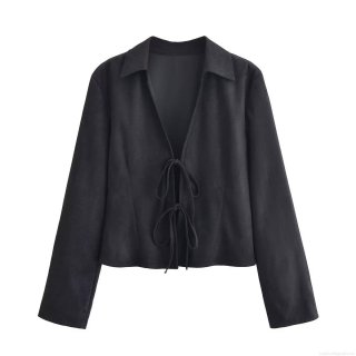 Women's Long Sleeve Shirt Polyester Suede Lace-up Lapel Collar Top Solid Color Street Style Casual Blouse For Daily Wear Autumn Spring