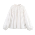 Women's White Long Sleeve Blouse Ruffle Stand Collar Lantern Sleeve Pleated Cotton Blend Shirt Elegant Streetwear Casual Chic Top For Ladies