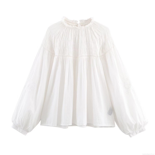 Women's White Long Sleeve Blouse Ruffle Stand Collar Lantern Sleeve Pleated Cotton Blend Shirt Elegant Streetwear Casual Chic Top For Ladies