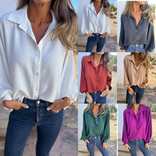 Women's Casual Long Sleeve Button Down Shirt Polyester Spandex Texture Crepe Blouse Lapel Collar Lantern Sleeve Top for Autumn Winter Daily Fashion