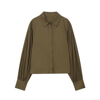 Women's Fashion Solid Color Lapel Poplin Shirt Long Sleeve Puff Sleeve Loose Blouse Army Green Casual Office Top Fall Winter