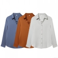 Women's Elegant Satin Button Down Shirt Long Sleeve Relaxed Fit Polyester Spandex Blouse for Office Commute Daily Wear Classic Solid Color Top
