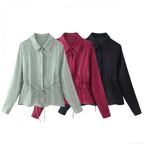 Women's Long Sleeve Satin Blouse With Bow Tie Waist Elegant Solid Color Pointed Collar Shirt For Office Daily Casual Wear Lightweight Women Tops