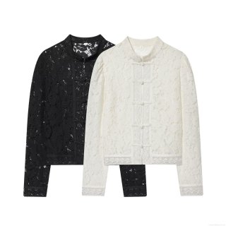 Elegant Women's Lace Blouse With Mandarin Collar And Frog Buttons Floral Hollow Out Long Sleeve Shirt For Daily Party Lady Tops