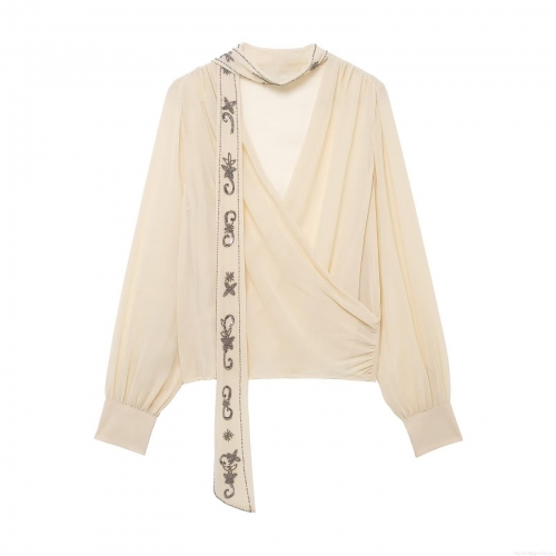 Women's V-Neck Long Sleeve Chiffon Blouse With Beaded Scarf Collar Elegant Sequin Solid Color Shirt For Office Casual Party Wear