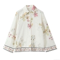 Floral Print Women's Long Sleeve Shirt Elegant Button Down Blouse Polyester Spandex Blend Casual Top With Watercolor Flower Design For Daily Dating Office Wear