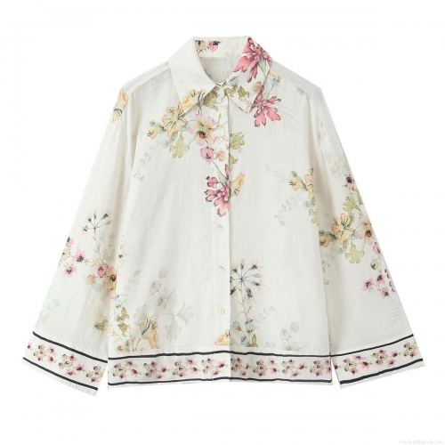 Floral Print Women's Long Sleeve Shirt Elegant Button Down Blouse Polyester Spandex Blend Casual Top With Watercolor Flower Design For Daily Dating Office Wear