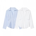 Women's Elegant Pleated Waist Long Sleeve Poplin Shirt Slim Fit V-Neck Solid Color Blouse for Office Work Business Casual Spring Autumn Fashion