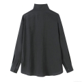 Women's Fashion Stand Collar Long Sleeve Blouse Casual Solid Color Loose Fit Single Breasted Shirt With Pocket Polyester Blend Tops For Winter