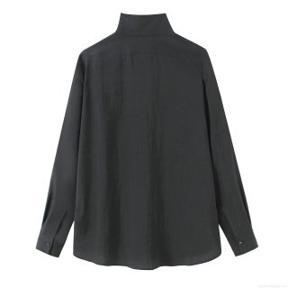 Women's Fashion Stand Collar Long Sleeve Blouse Casual Solid Color Loose Fit Single Breasted Shirt With Pocket Polyester Blend Tops For Winter
