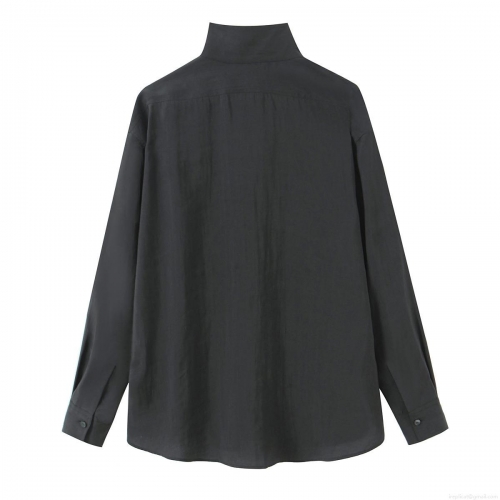 Women's Fashion Stand Collar Long Sleeve Blouse Casual Solid Color Loose Fit Single Breasted Shirt With Pocket Polyester Blend Tops For Winter