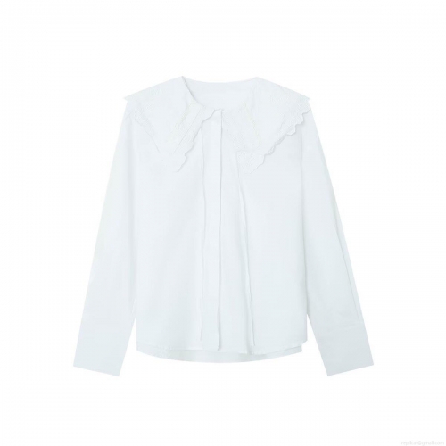 Sweet White Long Sleeve Blouse With Large Doll Collar And Hollow Out Embroidery Minimalist Casual Fashion Shirt For Women Winter Style