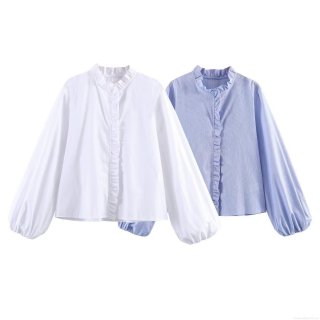Sweet Poplin Ruffle Collar Shirt Elegant Long Sleeve Lantern Sleeve Striped Solid Color Blouse For Women Daily Office Fashion Tops