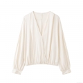 Elegant Women Satin V-Neck Wrap Blouse Long Lantern Sleeve Solid Color Office Lady Silk Texture Chic Top Off-White Polyester Shirt