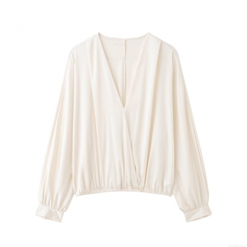 Elegant Women Satin V-Neck Wrap Blouse Long Lantern Sleeve Solid Color Office Lady Silk Texture Chic Top Off-White Polyester Shirt