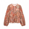 Women Bohemian Paisley Print Long Sleeve Blouse Top With Tie Neck Ruffle Hem Loose Fit Polyester Casual Tunic Shirt For Travel Daily Vacation