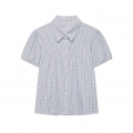 Women's Plaid Puff Short Sleeve Blouse Gingham Ruched Smocked Top Button Down Lapel Collar Casual Commuter Shirt Polyester Spandex Blend Summer Clothing