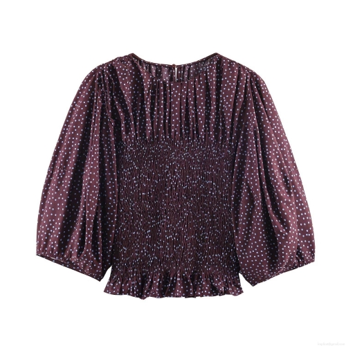 Women's Vintage Polka Dot Blouse Smocked Waist Long Lantern Sleeve Square Neck Poplin Top Ruffle Hem Casual Sweet Fashion Shirt