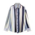 Women's Striped Satin Texture Blouse Loose Long Sleeve Single Breasted Shirt Turn-down Collar Top for Casual Office Daily Wear