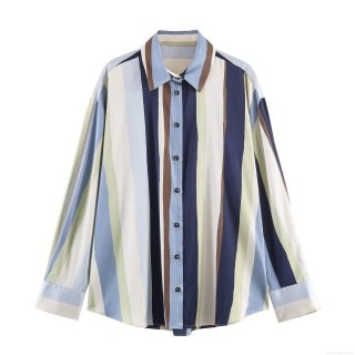 Women's Striped Satin Texture Blouse Loose Long Sleeve Single Breasted Shirt Turn-down Collar Top for Casual Office Daily Wear