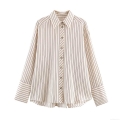 Women's Fashion Striped Poplin Shirt Turn-Down Collar Long Sleeve Loose Fit Casual Blouse With Wide Cuff Back Slit For Daily Office Wear Spring Autumn