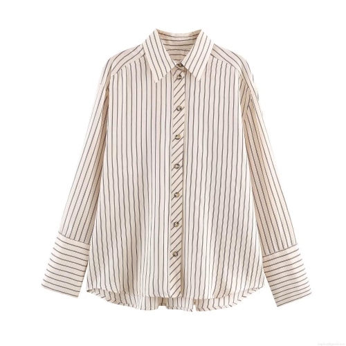 Women's Fashion Striped Poplin Shirt Turn-Down Collar Long Sleeve Loose Fit Casual Blouse With Wide Cuff Back Slit For Daily Office Wear Spring Autumn