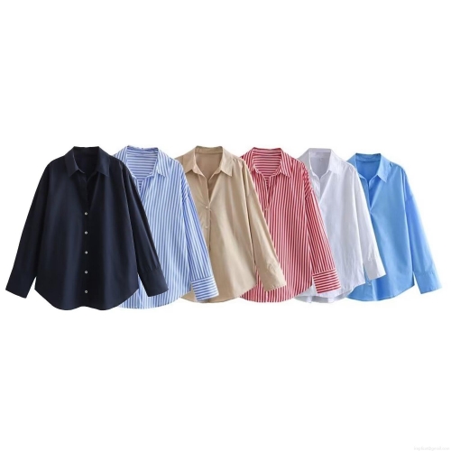 Women's Poplin Cotton Long Sleeve Shirt Lapel Loose Fit Solid Color Striped Blouse For Casual Daily Commute Minimalist Top