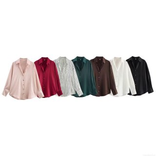 Women's Elegant Satin Texture Long Sleeve Shirt Stylish Loose Fit Button Down Blouse Striped Solid Color Office Lady Commuter Polyester Spandex Tops
