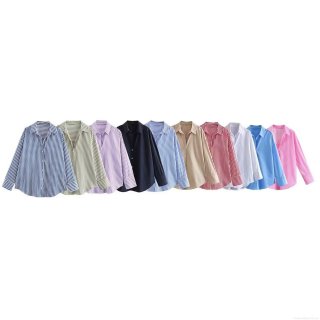 Women's Poplin Cotton Casual Striped Shirt Long Sleeve Lapel Loose Blouse Button Down Top For Daily Office Lady Spring Autumn