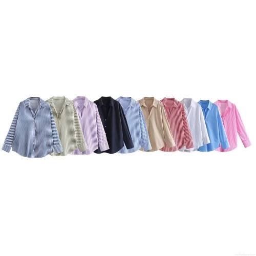 Women's Poplin Cotton Casual Striped Shirt Long Sleeve Lapel Loose Blouse Button Down Top For Daily Office Lady Spring Autumn