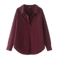 Women's Casual Cotton Poplin Shirt Long Sleeve Turn-Down Collar Button Up Burgundy Blouse Minimalist Office Top Breathable Soft For Women