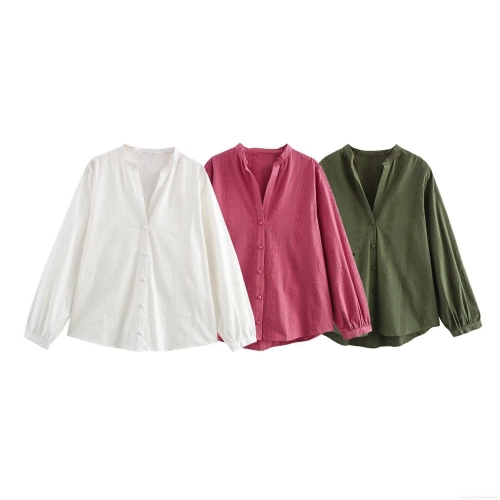 Women's Casual V-Neck Eyelet Embroidery Blouse Long Sleeve Loose Fit Cotton Blend Button Front Shirt Tops