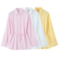 Women's Casual Linen Blend Long Sleeve Shirt Lace-up Tie Waist Loose Fit Blouse Solid Color Turn-down Collar Mid-length Top For Summer Fashion