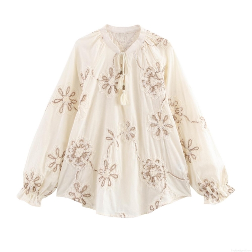 Women's Elegant Floral Embroidery Blouse Lantern Sleeve Tassel Tie Neck Hollow Out Polyester Spandex Pullover Shirt Bohemian Top Women's Elegant Floral Embroidery Blouse Lantern Sleeve Tassel Tie Neck Hollow Out Polyester Spandex Pullover Shirt Bohemian Top