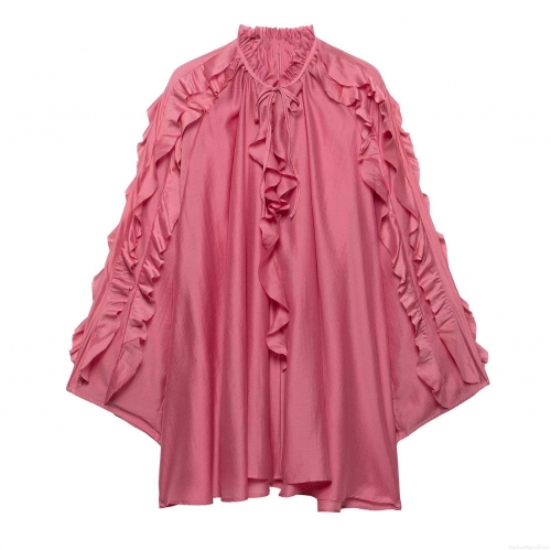 Women's Elegant Rose Red Ruffle Stand Collar Blouse Vintage Court Style Long Sleeve Tie Neck Silk Like Polyester Shirt Top For Daily Commute Festive Party Women's Elegant Rose Red Ruffle Stand Collar Blouse Vintage Court Style Long Sleeve Tie Neck Silk Like Polyester Shirt Top For Daily Commute Festive Party