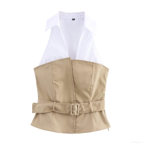 Women's Halter Neck Spliced Top Elegant Patchwork Bandeau Style Blouse With Belt Slim Fit Cotton Blend Sleeveless Shirt For Office Commuting Daily Wear