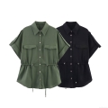 Women's Casual Linen Blend Safari Shirt Short Sleeve Drawstring Waist Blouse With Double Cargo Pockets Solid Color Turn-down Collar Button Down Top Summer Fashion