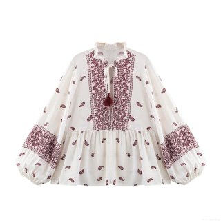 Ethnic Bohemian Print Blouse Tassel Tie Lantern Sleeve Loose Polyester Spandex Cotton Blend Top Floral Paisley Shirt for Women Casual Vacation Spring