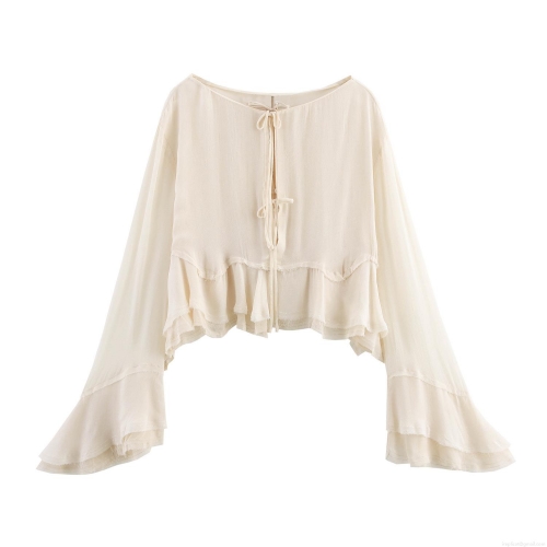 Elegant Women's Chiffon Blouse With Ruffle Flared Sleeve And Tie-Neck Fashion Solid Color Loose Short Top For Office Casual Party