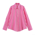 Women's Fashion Casual Linen Blend Striped Loose Long Sleeve Shirt Button Down Lapel Collar Mid-Length Breathable Blouse For Daily Wear