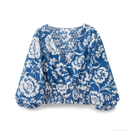 Women's Floral Print Embroidery Blouse V Neck Puff Long Sleeve Smocked Waist Cotton Blend Elegant Vacation Holiday Style Summer Crop Top